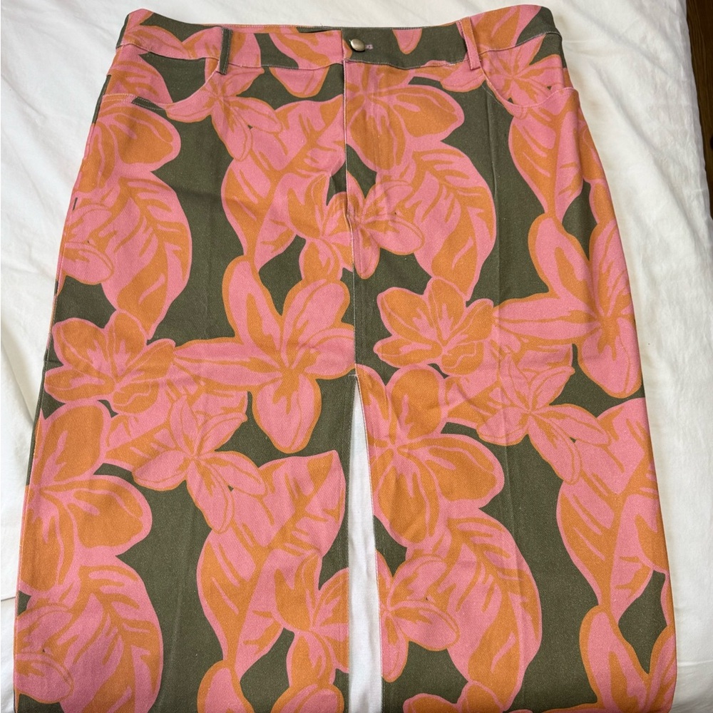 Lexbreezy Floral Pink and Green Midi Denim Skirt